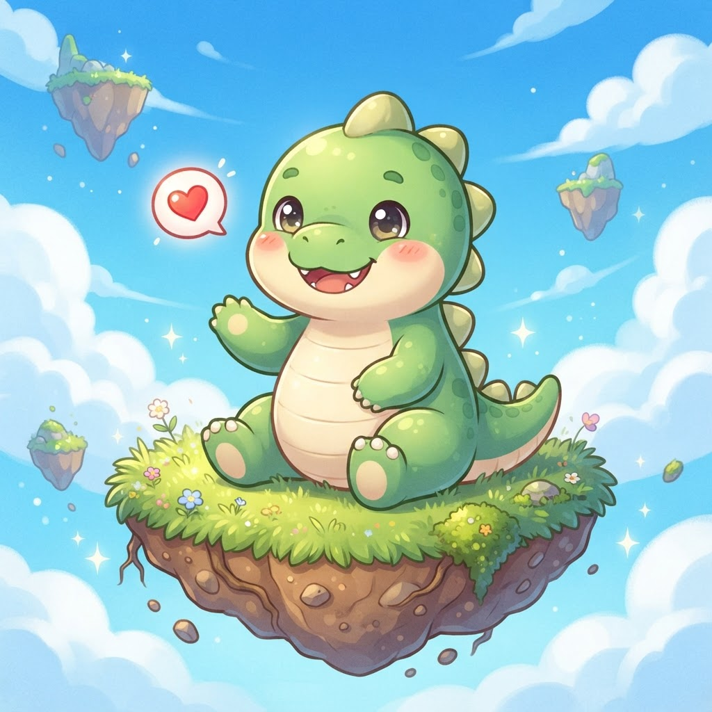 LilDino, a cute green baby dinosaur sitting on a floating grassy island